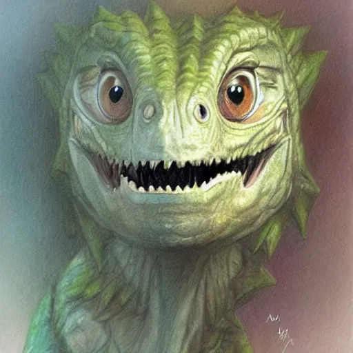 Prompt: happy and cute face of baby velociraptor made by nebula space, face only, big smile, pencil drawing, pastel, smooth, by marc simonetti