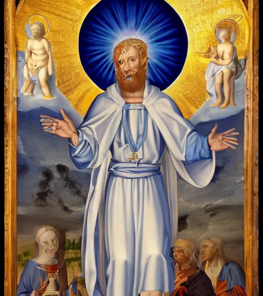 Prompt: hank hill wearing a white toga, emerging from blue fire, surrounded by blue flames, renaissance religious painting, late gothic religious paintings, byzantine religious art, painting by duccio di buoninsegna and carlo crivelli, detailed, trending on artstation