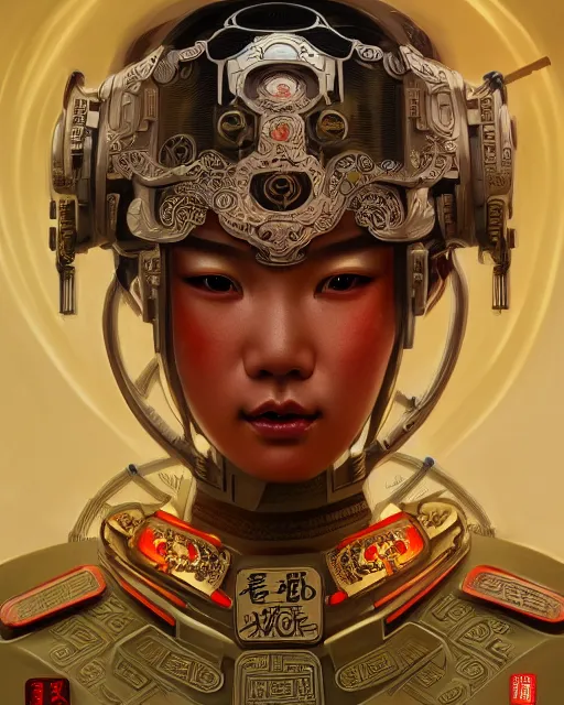 Image similar to portrait of a chinese cyberpunk machine, machine face, upper half portrait, decorated with chinese opera motifs, regal, asian, fine china, wuxia, traditional chinese art intricate intense elegant 京 剧 highly detailed digital painting artstation concept art smooth sharp focus illustration, art by artgerm and greg rutkowski alphonse mucha 8 k