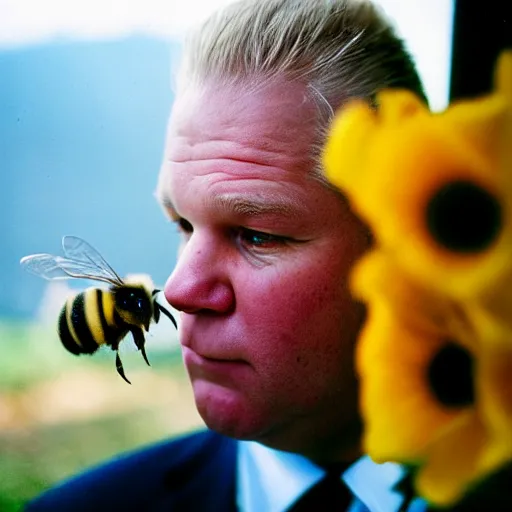 Prompt: photo of doug ford eating a bee cinestill, 8 0 0 t, 3 5 mm, full - hd