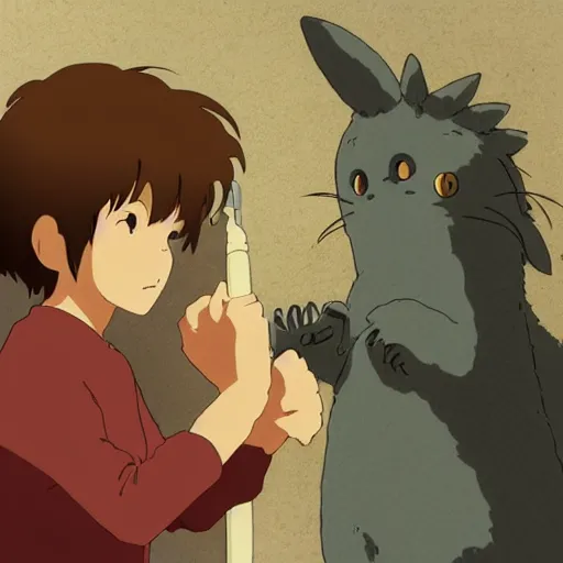 Image similar to friendly guy with small creature in the studio ghibli movie art smooth 8k highly detailed, detailed face, beautiful scene,details, anime style, art