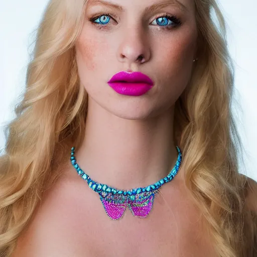 Image similar to close up headshot of a princess with long blonde hair and (blue) eyes wearing a strapless elaborately beaded pink dress, high resolution film still, 8k, HDR color, film by Simon Langton and David Frankel, triangular face, (freckles), round narrow chin, straight jawline, light pink lipstick