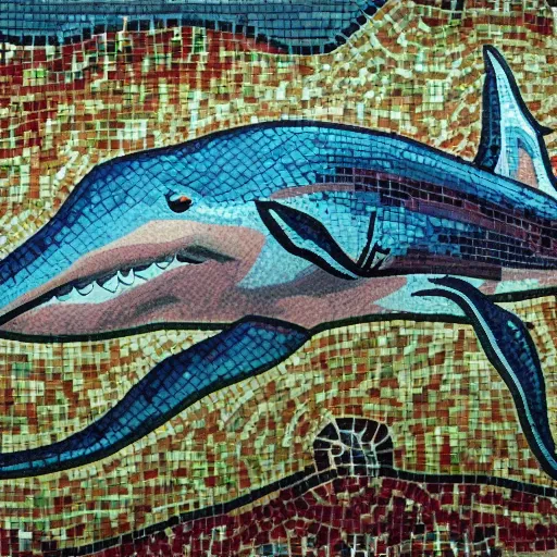 Image similar to impressionist mosaic of shark eating squid