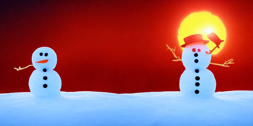 Prompt: a snowman standing on top of the sun. the ground is made entirely of fire and is glowing orange. cinematic, dramatic, epic, volumetric lighting, atmospheric, red, orange extremely coherent, 8 k, space