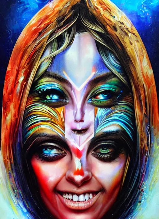 Prompt: creative magic cult psychic woman smiling, third eye concept, subjective consciousness psychedelic, epic surrealism expressionism symbolism, story telling, iconic, dark robed, oil painting, symmetrical face, dark myth mythos, by Sandra Chevrier, Noriyoshi Ohrai masterpiece