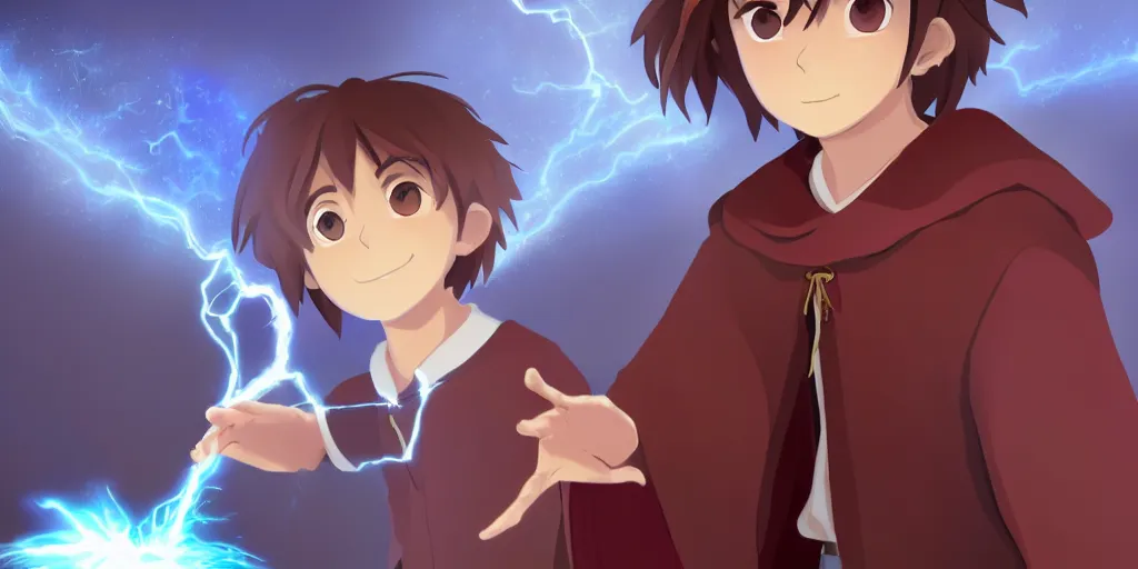 Image similar to a young boy mage with a brown cloak and brown hair is standing at his desk working on a new spell, colorful, flowing energy, light rays, anime boy, boy, consistent face, anime boy face, medium shot, waist up, pixar and disney animation, sharp, concept art, highly detailed, trending on artstation, bloom, dramatic lighting, cinematic