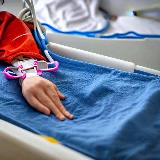 Image similar to crazy clown strapped in hospital bed with wrist restraints on, restraints have fabric straps attached to hospital bed, photograph, 8 k