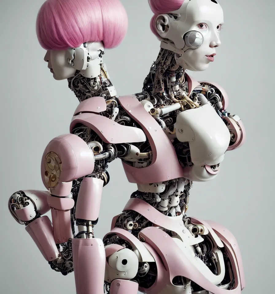 Prompt: portrait of a futuristic cyborg robot wearing a gold pipes fitted beauty mask and pink hair buns, wearing a black bodysuit by alexander mcqueen, cream white background, perfectly symmetric, soft diffused light, biotechnology, humanoid robot, hanging electrical cables and pipes, bjork aesthetic, translucent, by rineke dijkstra, intricate details, highly detailed, masterpiece,