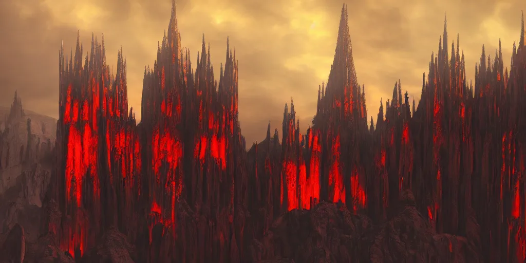 Image similar to dark gothic cathedral, gothic architecture, at the top of a red rock canyon, artstation concept art, beautiful matte painting, aerial view, red and orange and black color palette, chiaroscuro lighting