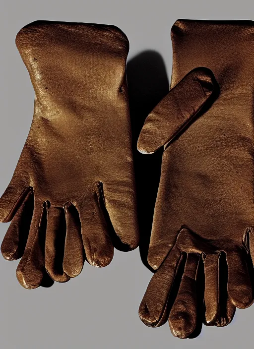 Image similar to realistic photo of a scientific model of an ugly rough complex gloves made of black clay, front view, neutral brown colors 1 9 9 0, life magazine reportage photo, metropolitan museum photo