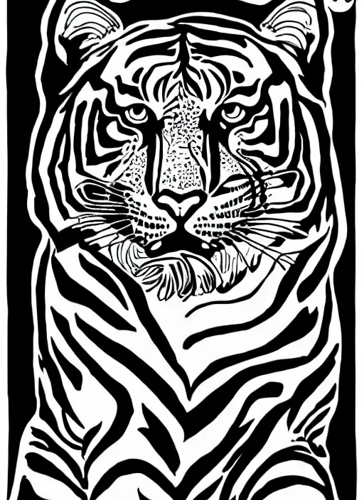 Prompt: wild tiger, black and white illustration, art nouveau, highly detailed, clean line art, tarot card style