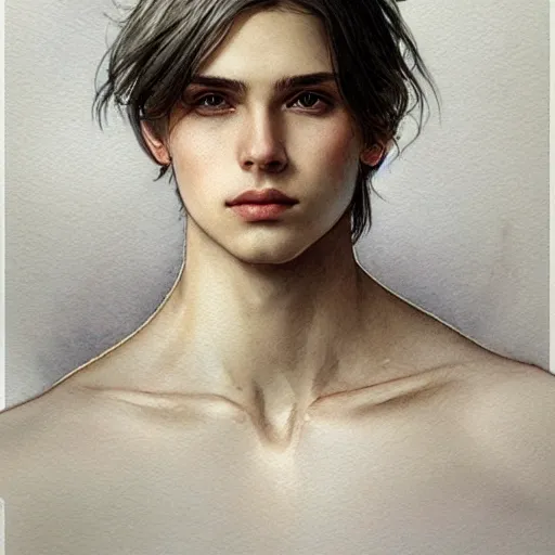 Image similar to teen boy, silver hair, shoulder - length hair, ethereal, elegant, intricate, delicate, sharp focus, highly detailed, artstation, watercolor, by artgerm and greg rutkowski and alphonse mucha