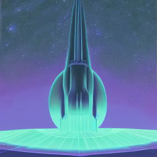 Image similar to a beautiful painting of a large alien shrine shrouded by mystic nebula magic in an asteroid field by hiroshi nagai and vincent di fate, realistic lighting 3 d render