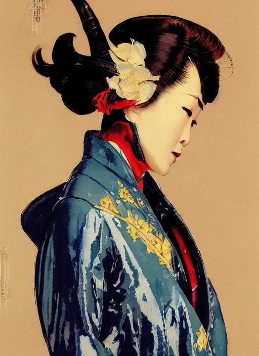 Prompt: a copic maker art nouveau portrait of a japanese pale woman wearing a futuristic balenciaga coat pilot suit with a puffy kimono by john berkey norman rockwell