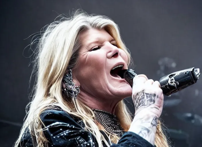 Image similar to publicity photo still of martha stewart in dimmu borgir playing live on stage, 8 k, live concert lighting, mid shot