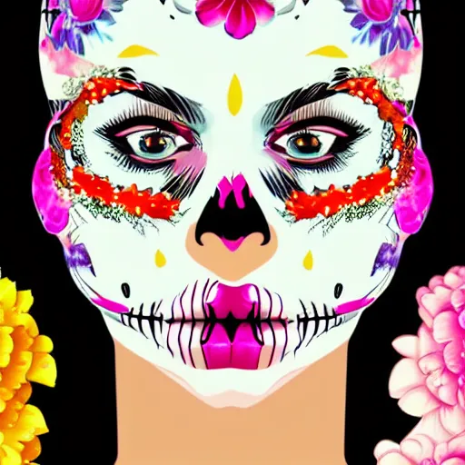 Prompt: a close up portrait beautiful woman, floral headdress, flowers, dia de los muertos makeup, long flowing dark hair in retro colors, synthwave style, 2 d digital vector art