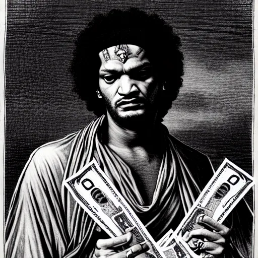 Image similar to fredo santana holding stacks of cash, biblical image, style of gustave dore, highly detailed, beautiful, high contrast, black and white