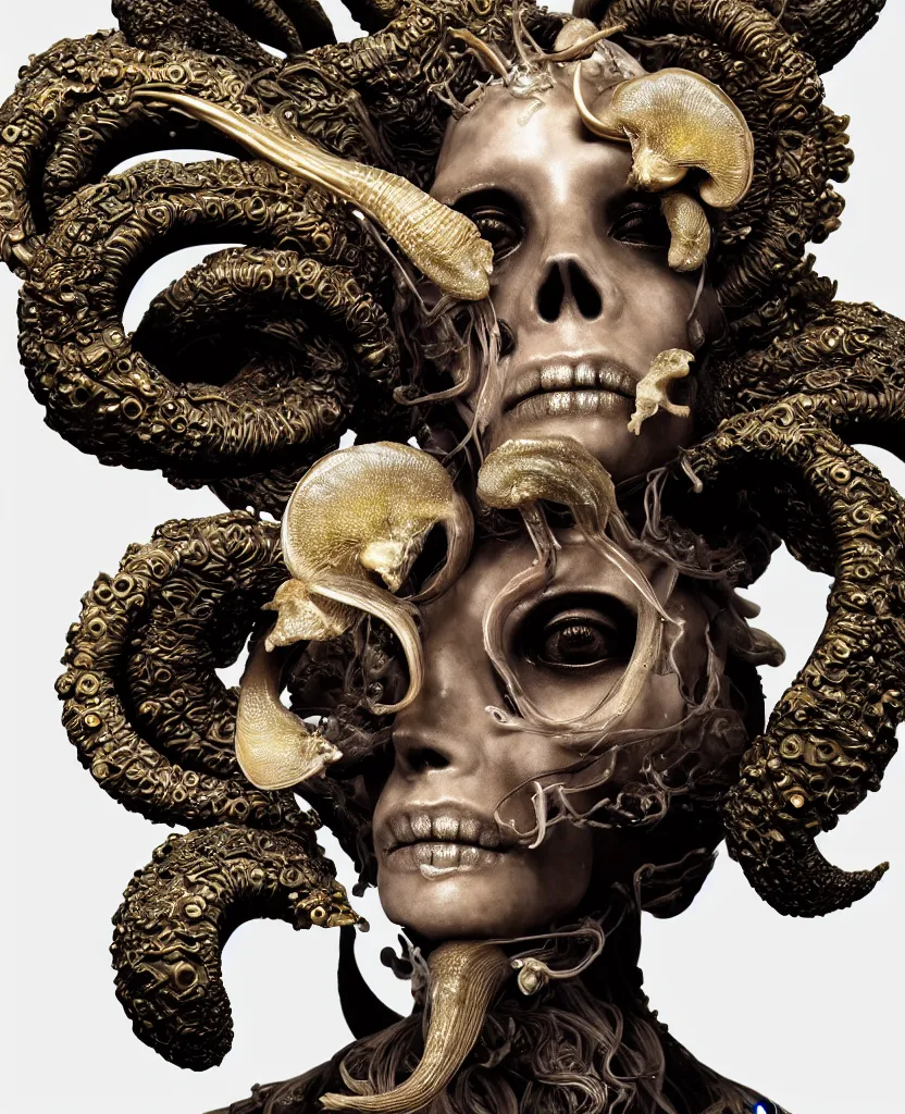 Image similar to goddess princess face close-up portrait ram skull. sculpture made of black clay and gold. jellyfish phoenix head, nautilus, orchid, skull, betta fish, bioluminiscent creatures, intricate artwork by Tooth Wu and wlop and beeple. octane render, trending on artstation, greg rutkowski very coherent symmetrical artwork. cinematic, hyper realism, high detail, octane render, 8k