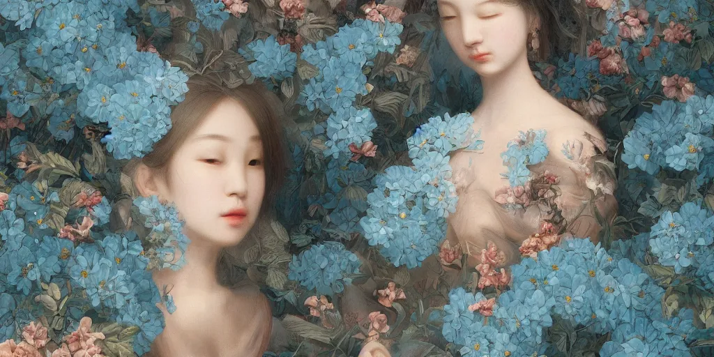 Image similar to breathtaking detailed concept art painting pattern of two goddess of light blue flowers with anxious piercing eyes and flowers and fruits and birds, by hsiao - ron cheng, beto val, john james audubon, bizarre compositions, exquisite detail, extremely moody lighting, 8 k