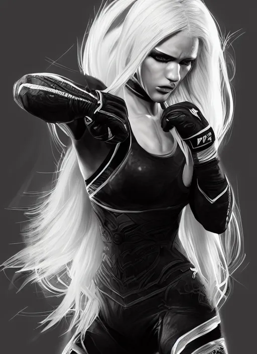 Image similar to a highly detailed illustration of fierce beautiful platinum blonde woman wearing black mma gear, heroic fighting stance pose, muscular, perfect face, perfect body, intricate, elegant, highly detailed, centered, digital painting, artstation, concept art, smooth, sharp focus, league of legends concept art, wlop