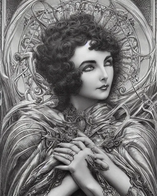 Image similar to in the style of beautiful elizabeth taylor, steampunk, detailed and intricate by jean delville, gustave dore and marco mazzoni, art nouveau, visionary, gothic, pre - raphaelite