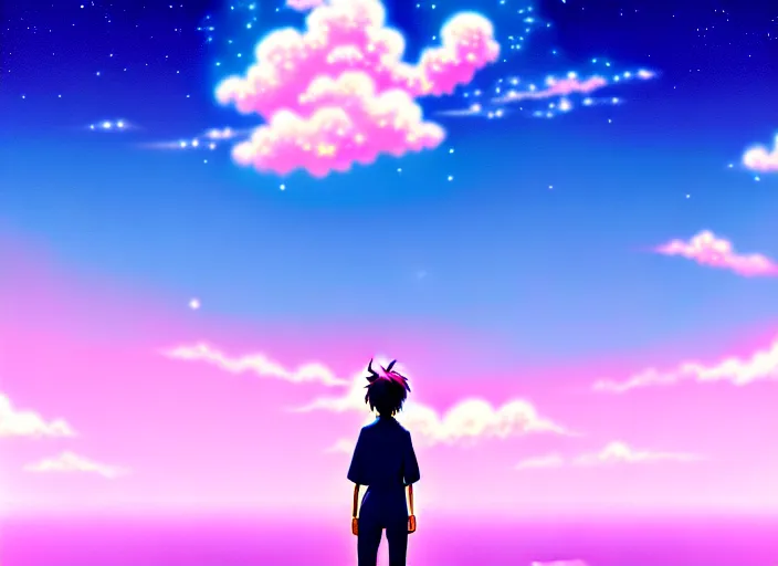 Image similar to pink and blue sky, japanese anime, comet in the sky, nebula, galaxy, Your Name movie style, main character standing looking at sky, wallpaper, 4k, 8k, digital art, wallpaper, artstation