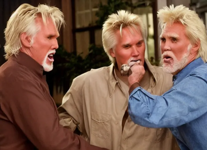 Prompt: film still of Kenny Rogers and Gary Busey yelling at a computer in the new You've Got Mail movie, 4k