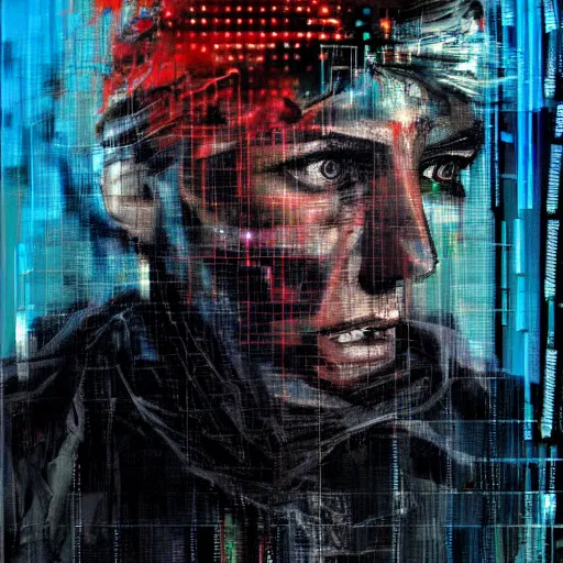 Image similar to hyperrealistic portrait of a cyberpunk hacker, digital ui, abstract blocks, by Guy Denning, Russ Mills, glitch art, hacking effects, glitch effects, digital tech effects, chromatic, color blocking!, oil on canvas, concept art, abstract