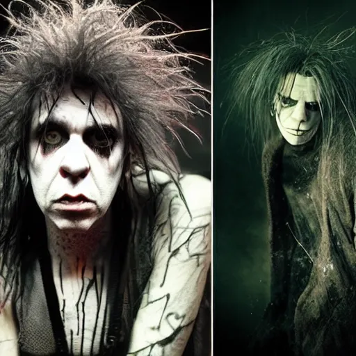 Image similar to gaunt ( the cure fan ) as dream from sandman, dim stars as eyes, nick cave, by jeremy mann, by cedric peyravernay, by ben templesmith, by dave mckean and richard avedon, dramatic lightning, sadness, dark eye sockets, in the shadows, punk rock, gothic, high detailed, 8 k