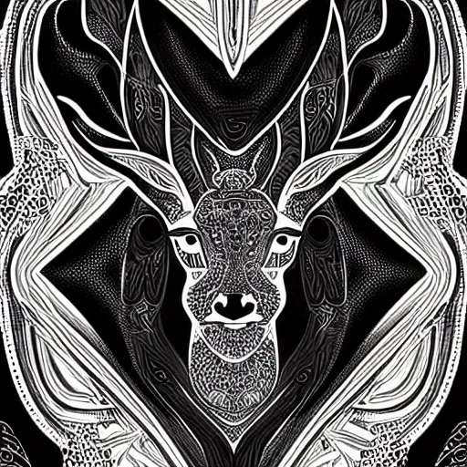 Image similar to a symmetrical portrait illustration of a deer black and white hand drawn sketch on artstation 4 k intricate extremely detailed digital art by alex grey