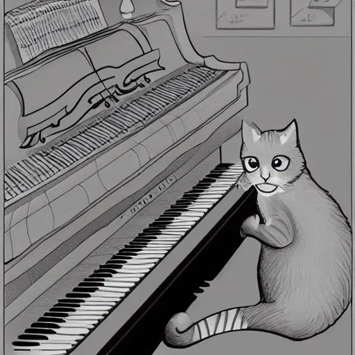 Image similar to cute cartoon cat playing the piano, style of moebius, james jean, mcbess, cinematic, highly detailed, award winning, 8 k photorealistic