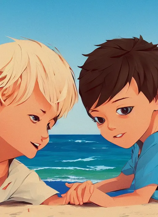 Image similar to two little boys with tousled blonde hair sitting on a beach. clean cel shaded vector art. shutterstock. behance hd by lois van baarle, artgerm, helen huang, by makoto shinkai and ilya kuvshinov, rossdraws, illustration, art by ilya kuvshinov