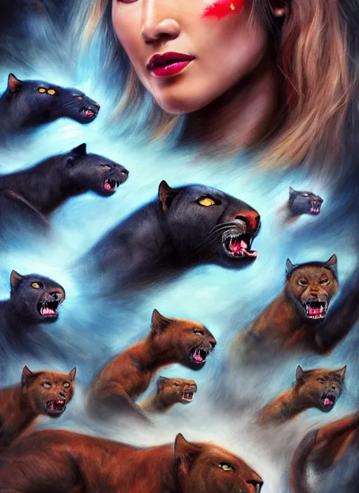 Image similar to photo of a gorgeous Beautiful face Portrait of twenty panthers in the wild attacking the air. Thunders, magic, power. face painting, powerful magic panthers in the style of stefan kostic, wild, realistic, sharp focus, 8k high definition, insanely detailed, intricate, elegant, art by stanley lau and artgerm