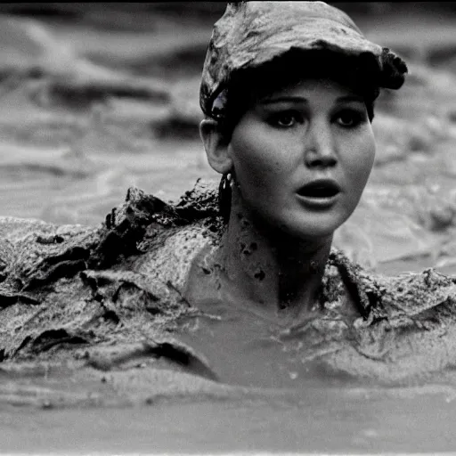 Image similar to film still, close up, jennifer lawrence rising out of muddy vietnam river, face covered in mud, low camera angle at water level, night time, film still from apocalypse now ( 1 9 7 9 ), 2 6 mm.