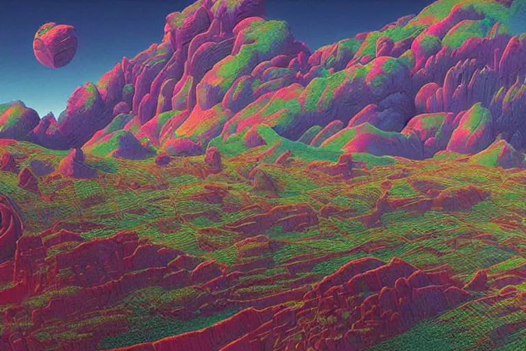 Image similar to beautiful rendered in zbrush ancient painting of a scenic mountain range surrounded by holographic Myrtle squares, retro tech, vaporwave, neon colors, by Jean Giraud and Zdzisław Beksiński and Chesley Bonestell and James Gurney, Mc Escher,