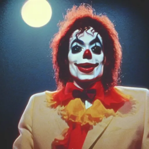 Image similar to a cinematic film still from a 1980s horror film about a Michael Jackson clown, vintage, color film still, moon lighting