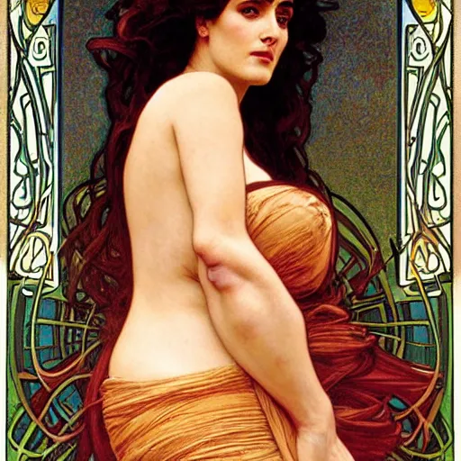 Prompt: detailed portrait art nouveau painting of salma hayek, by Alphonse Mucha, Michael Whelan, William Adolphe Bouguereau, John Williams Waterhouse,and Donato Giancola