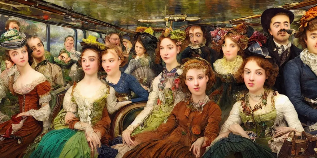 Image similar to detailed colour masterpiece of photography group portrait of people sat down extreme closeup, in the inside of the beautiful underwater crowded train to atlantis, detailed realistic expressions, wearing unusual clothes, by william powell frith