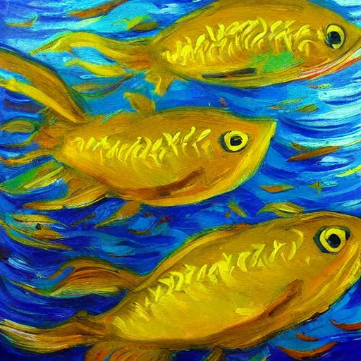 Prompt: “yellow fish by boat oil panting”