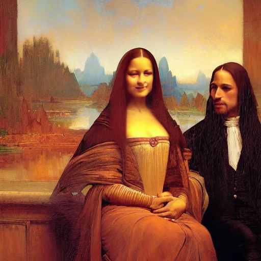 Image similar to detailed painting of prince william marrying attractive mona lisa, highly detailed painting by gaston bussiere, craig mullins, j. c. leyendecker 8 k, smiling couple, royal painting