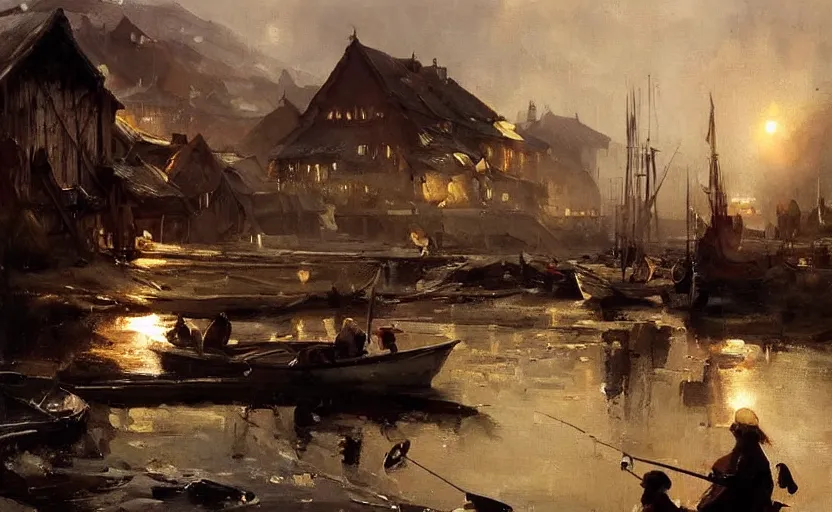 Image similar to scientific oil painting of fishing village by anders zorn, wonderful art by greg rutkowski, incredible lighting, shadows, beautiful cinematic light