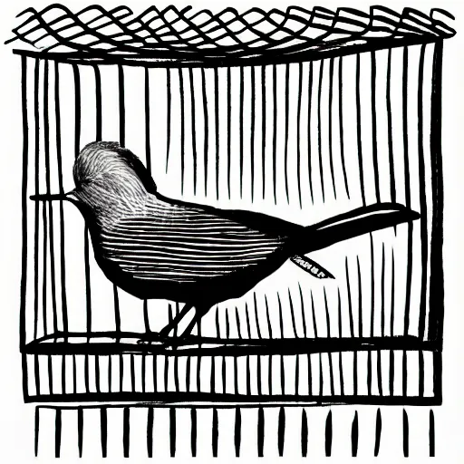 Image similar to cover art of a drawing of a bird in a cage, black and white