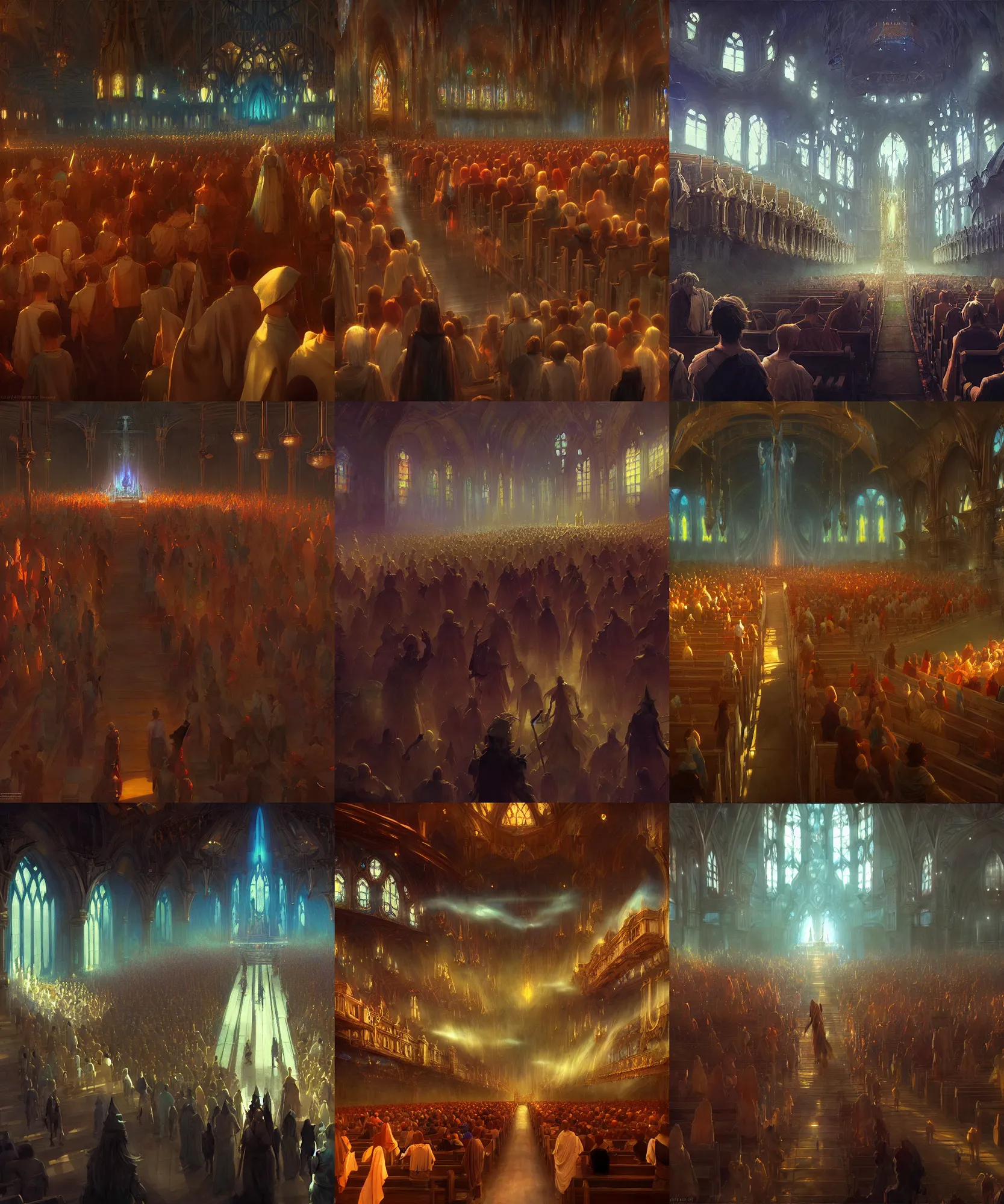 Prompt: fantasy movie scene craig mullins and ghibli and james gurney digital painting of a crowd in a futuristic church, strong contrast, priest, pews, ethereal, inviting, bright, raking light, unreal engine, hyper realism, realistic shading, cinematic composition, blender render, octane render, hdr, detailed textures, photorealistic, wide shot