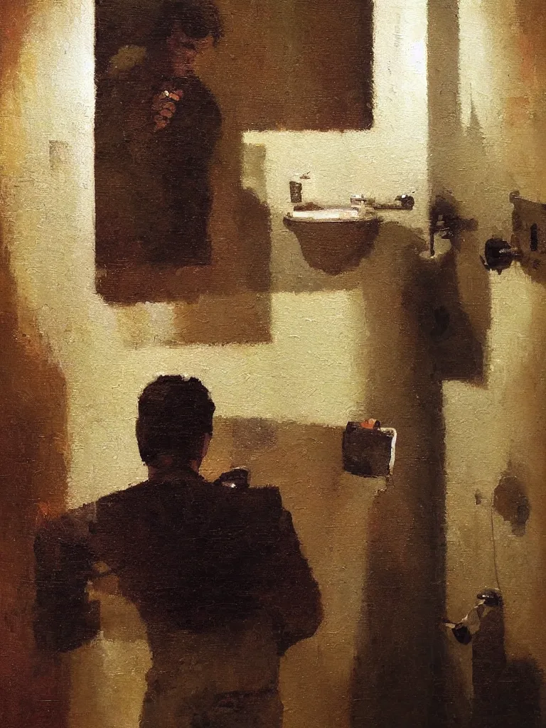 Image similar to a beautiful glitched oil painting of a man looking at his phone in a bathroom, by christian hook, color bleeding, brushstrokes by jeremy mann, cold top lighting