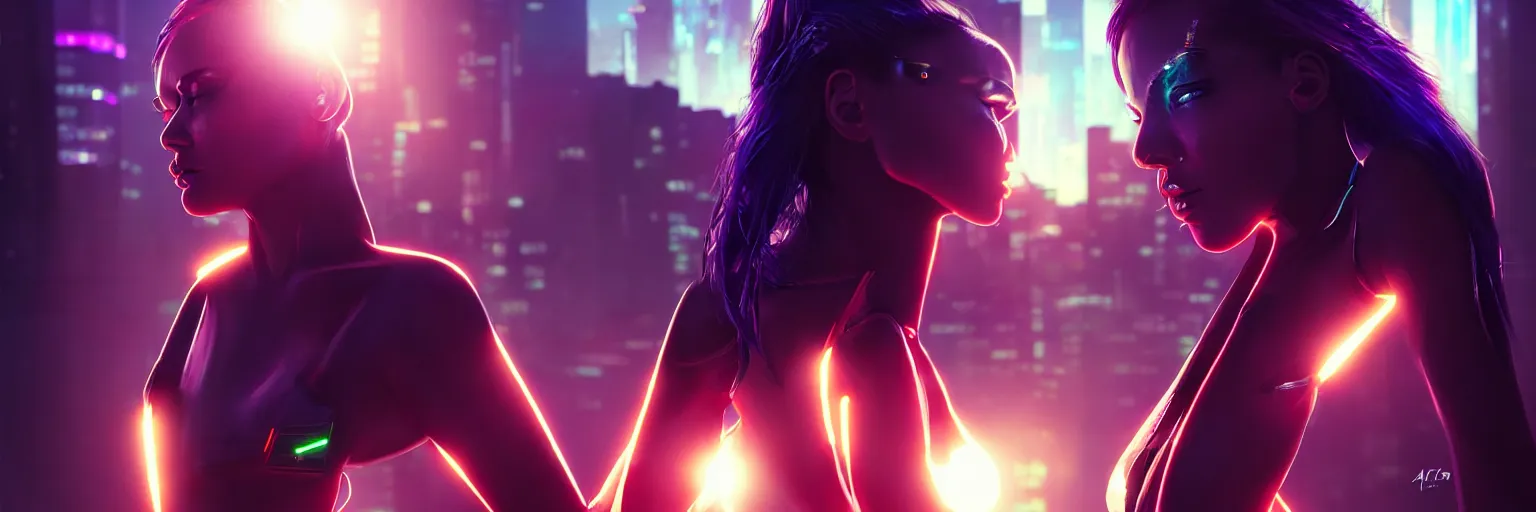 Image similar to backlit photography of a female humanoid in a cyberpunk cityscape, half body cropping, elegant glamor pose, accurate anatomy, cyber led neon lighting, bokeh, rule of thirds, hyper photorealistic, crispy quality, digital photography, art by pascal blanche, art by artgerm, art by greg rutkowski,