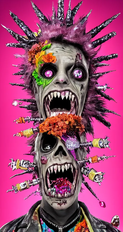 Prompt: action shot of a punk rock zombie with multicolored skin and pink crystal mohawk, red leather jacket, covered in florals and glitter, digital art, behance, fantasy, cartoonish, dramatic lighting, art by giuseppe arcimboldo, geoff darrow, hajime sorayama, wayne barlowe, boris vallejo, alex ross