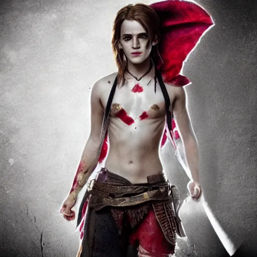 Image similar to Emma Watson as Kratos, brutal