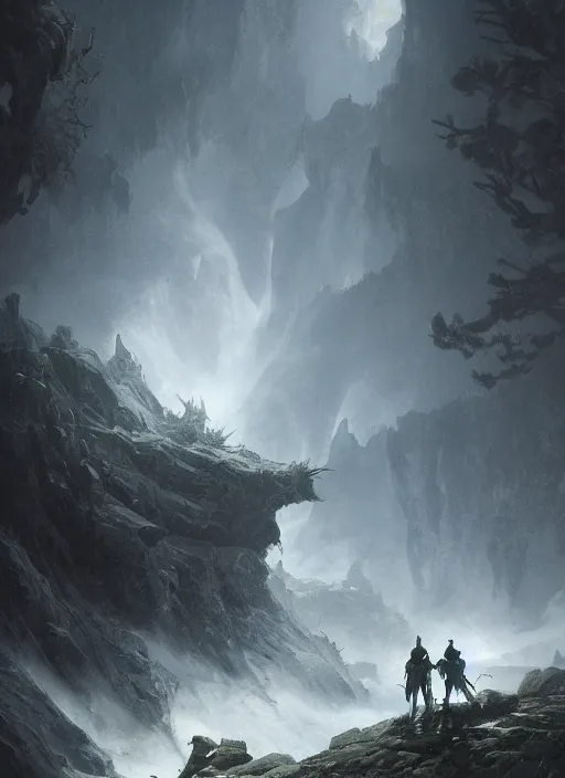 Image similar to A knight approaches the dragon's lair, ominous environment, stunning atmosphere, god light, light shafts, epic realm, in style of Ivan Shishkin and Greg Rutkowski