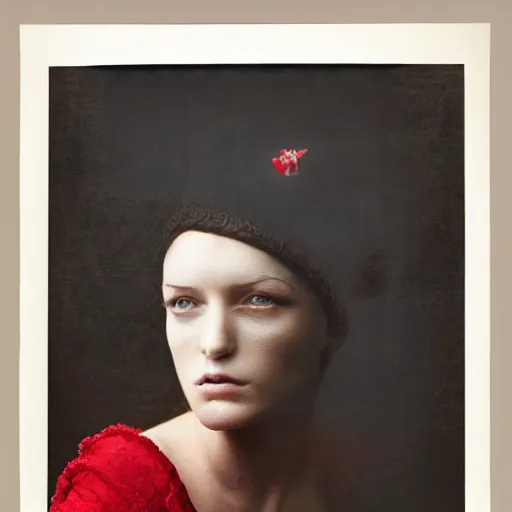 Image similar to half - length portrait of girl in a red hat and black dress, fine art portrait photography by sarah moon, volumetric lighting, very detailed, high resolution,
