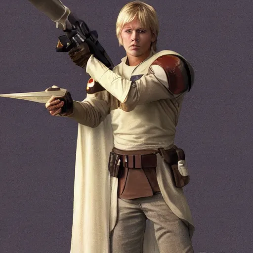 Prompt: a young blonde male jedi with short hair standing still, over the shoulder shot, ots shot, third-person shot, full-length, head-to-toe, full body photography, extremely long shot, long shot, concept art by Doug Chiang cinematic, realistic painting, high definition, concept art, the Mandalorian concept art style